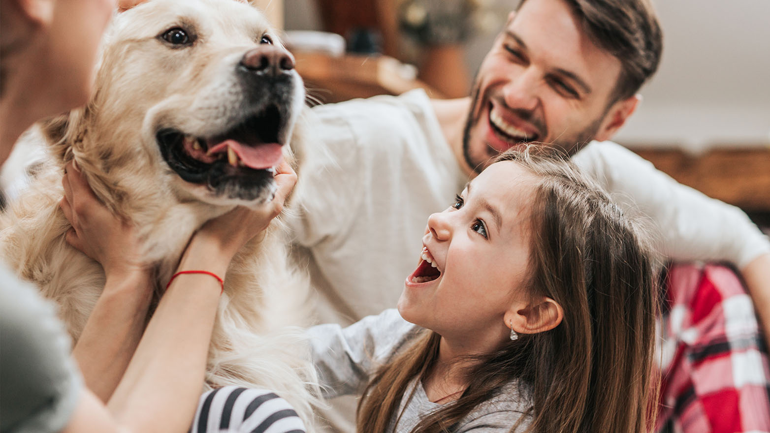 A family huddles around their beloved Golden Retriever, each face etched with laughter and love as they gaze upon their furry friend. The mother cradles the dog's head, the daughter's eyes twinkle with delight, and the father, beaming from ear to ear, completes this heartwarming tableau of familial bliss.