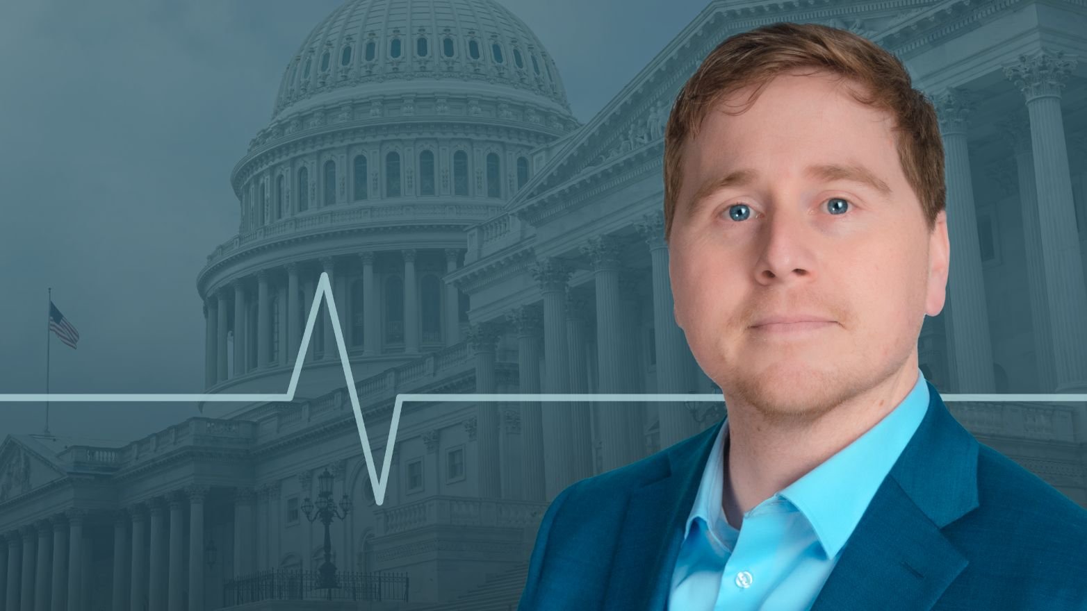 Michael Miller's headshot over an image of the United State's Capital building.