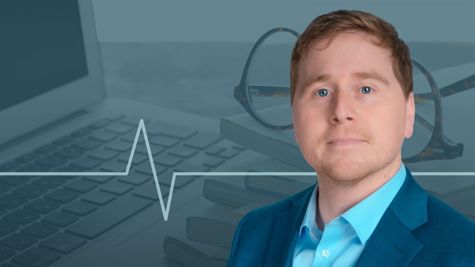 Michael Miller's headshot overlaid an image of a laptop with eyeglasses resting next to it.