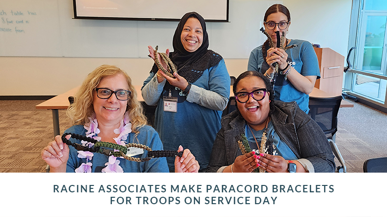 Racine associates making paracord bracelets for troops.